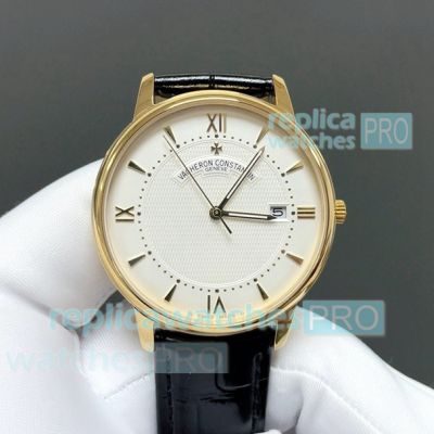 Swiss Copy Vacheron Constantin V6 Patrimony 9015 Yellow Gold Case Leather Strap Watch 